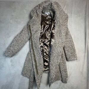 Calvin Klein Womens Coat Small Wool Blend Cowl Neck Belted Wrap White